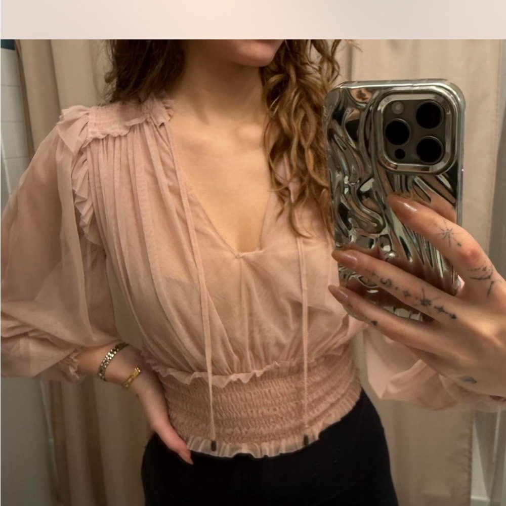 Free People Blush Sheer Smocked V-Neck Crop Top